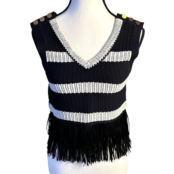 Club Monaco Navy & White Striped Knit Tank Top Fringe Sz XS Gold Buttons Trendy - Picture 10 of 14